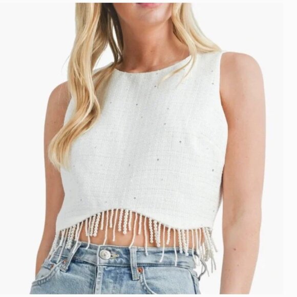 Nordstrom Tops - Nordstrom All in Favor Tweed Pearl Fringe Crop Top Size XL Coquette Formal Bride